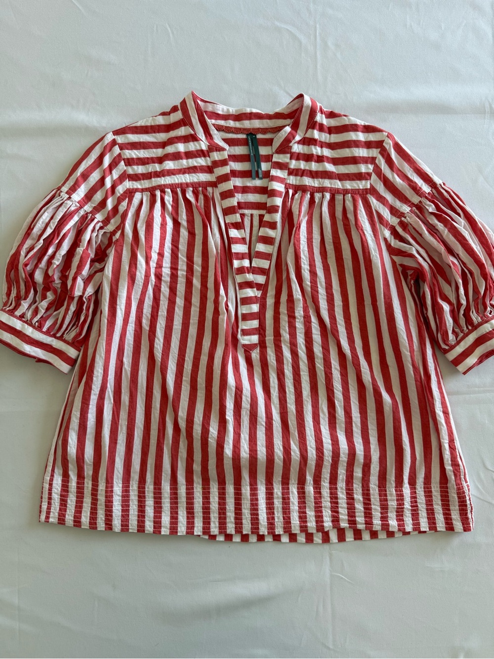 Anthropologie Darcy Popover Orange and White Striped V-Neck Puff Sleeve Blouse - Picture 4 of 12